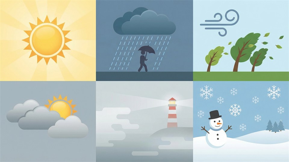 A diagram showing sunny weather, rainy weather, windy weather, cloudy weather, fog, and snowy weather