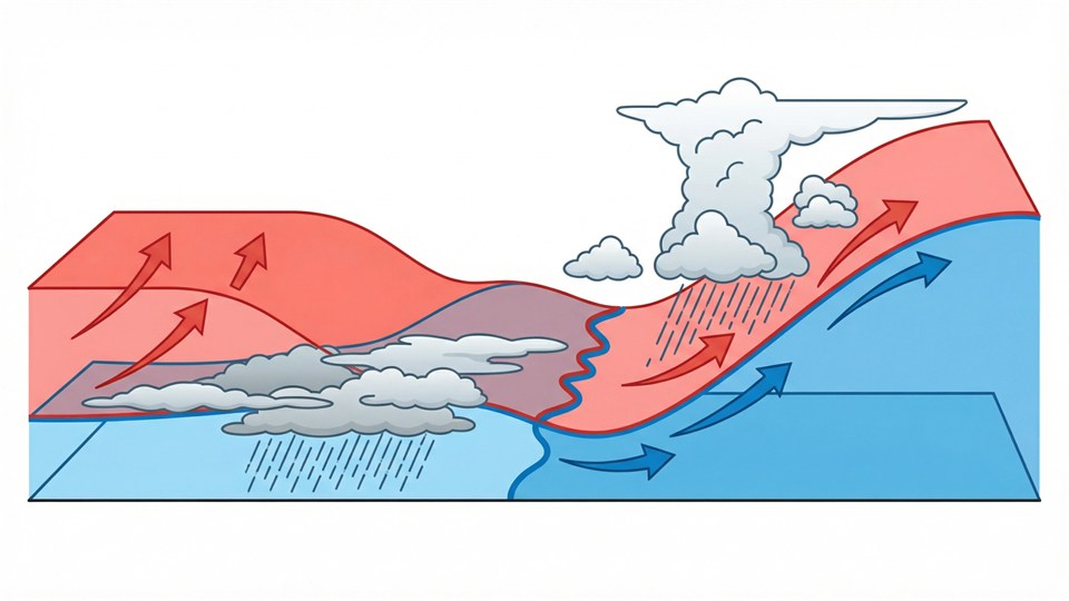 Diagram der viser hvordan varmfront og koldfront mødes og danner vejr