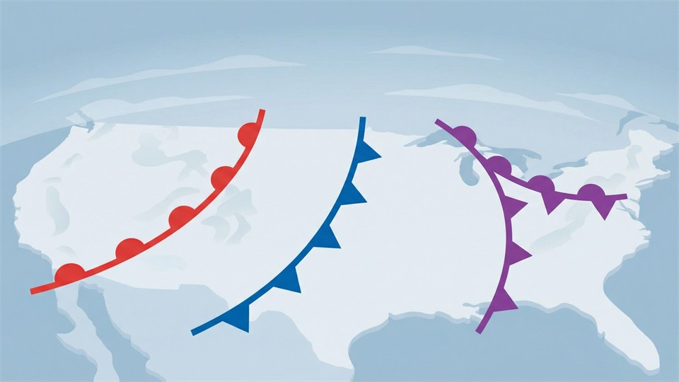 Illustration af varmfront, koldfront og okklusion på et vejrkort