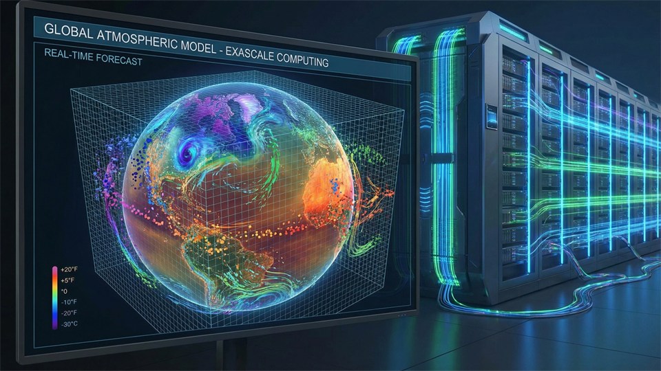 Visualization of weather model on supercomputer with maps and data