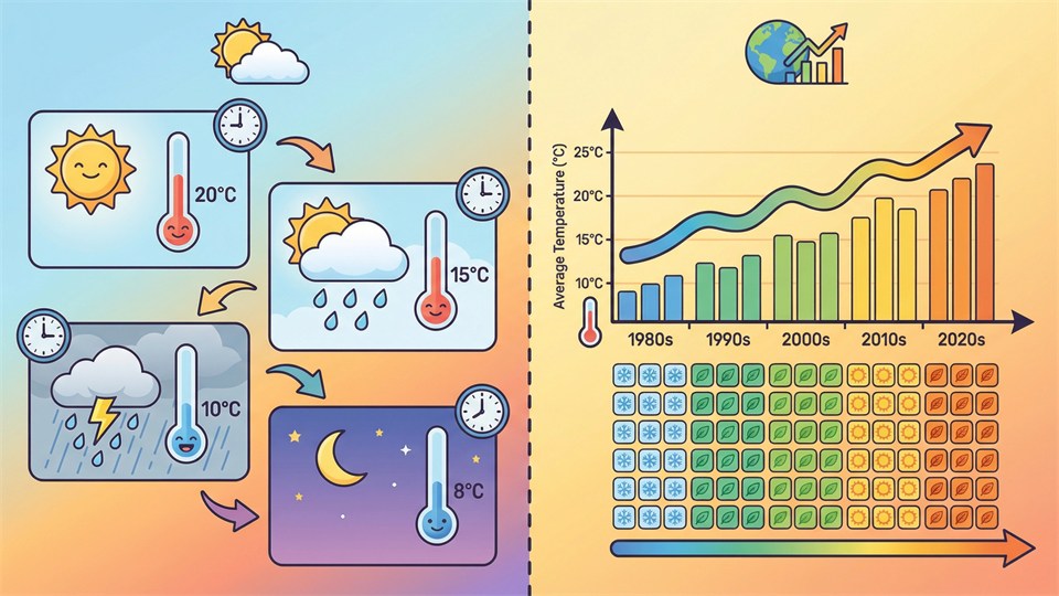 Illustration der sammenligner vejr og klima over tid