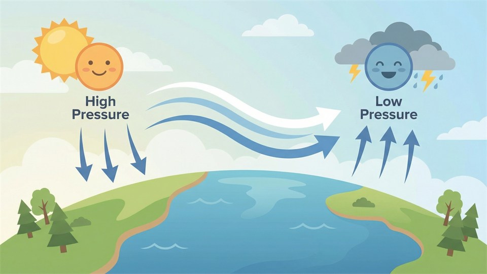 Verdenskort, der viser globale lufttrykszoner og vindretninger