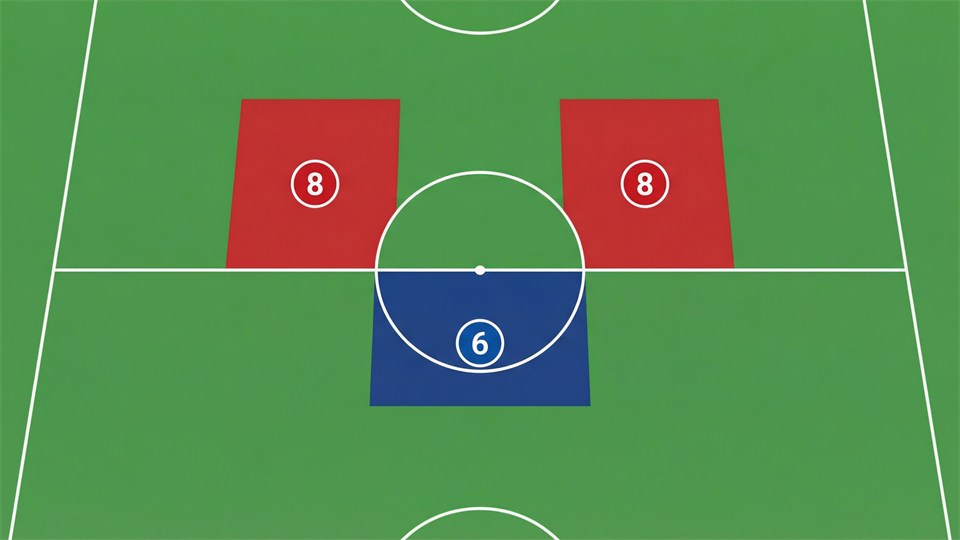 Illustration af fodboldbanen med markering af 6- og 8-positionen på midtbanen