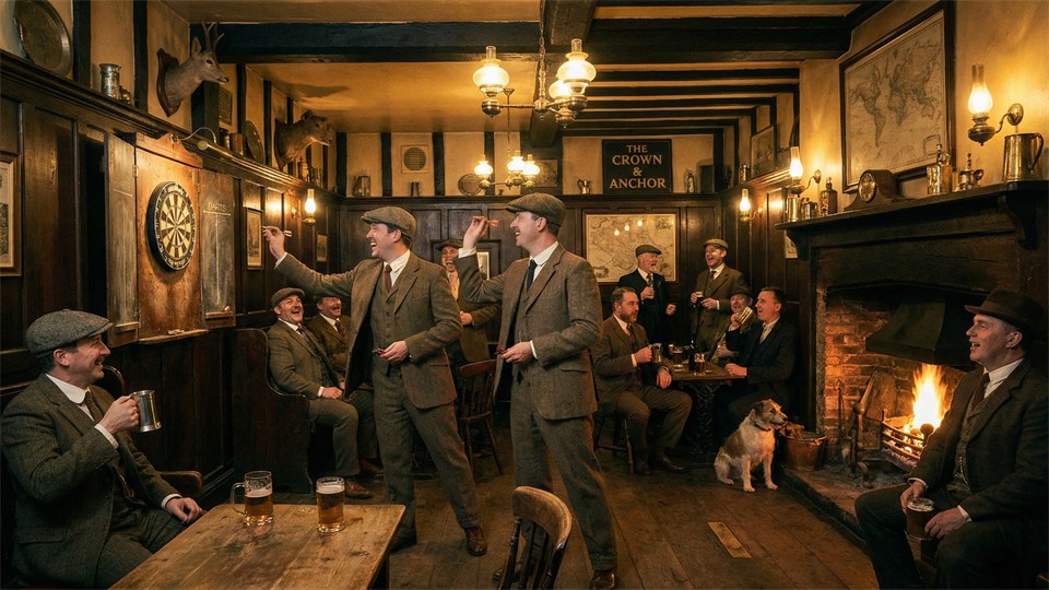 Menschen, die in alten Zeiten in einem englischen Pub Dart spielen