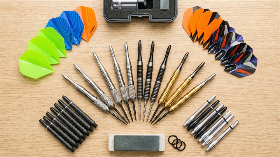 Moderne Dartausrüstung mit Tungstenpfeilen und Flights