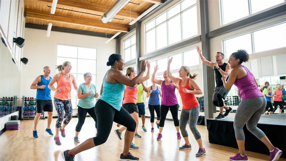 Mennesker deltager i en gruppe aerob træning med højt energiniveau