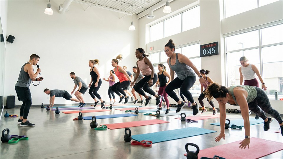 Folk deltager i HIIT-holdtræning, illustration af anaerob intervaltræning