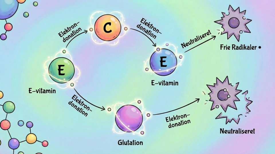 Illustration af antioxidantmolekyler, der beskytter celler mod frie radikaler