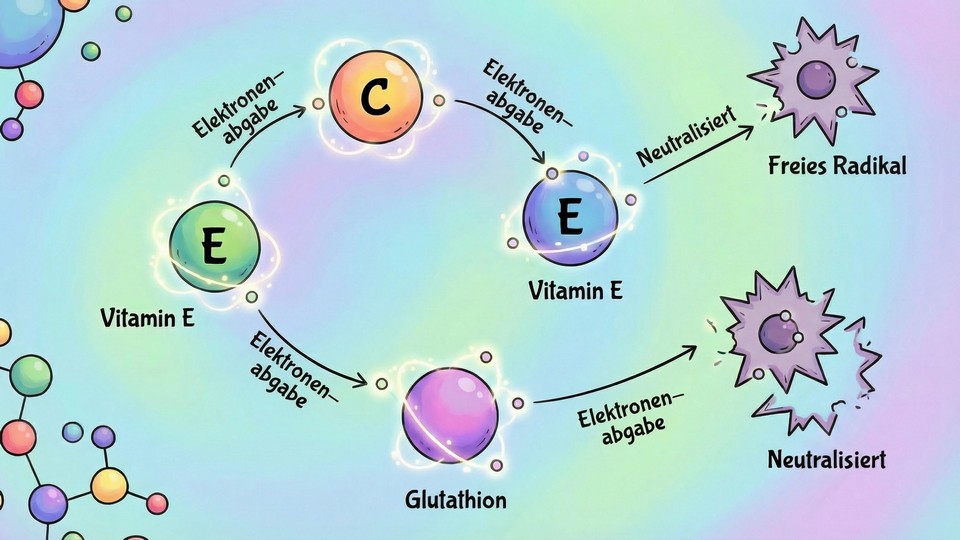 Illustration von Antioxidantienmolekülen, die Zellen vor freien Radikalen schützen