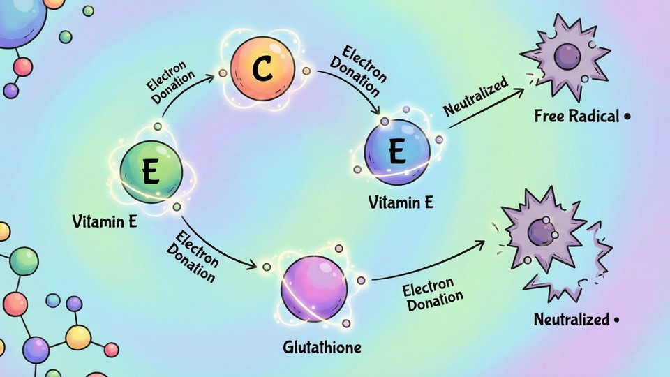 Illustration of antioxidant molecules protecting cells from free radicals