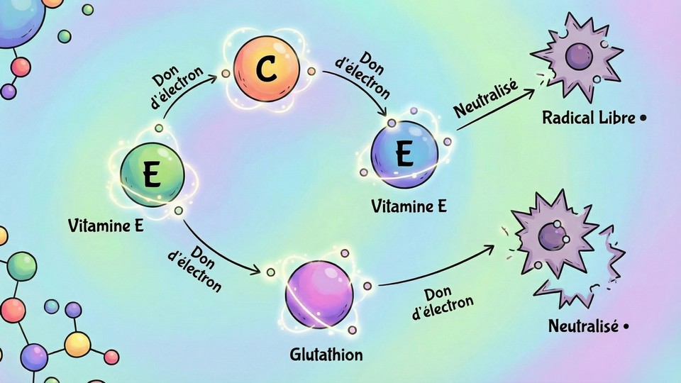 Illustration de molécules antioxydantes protégeant les cellules contre les radicaux libres
