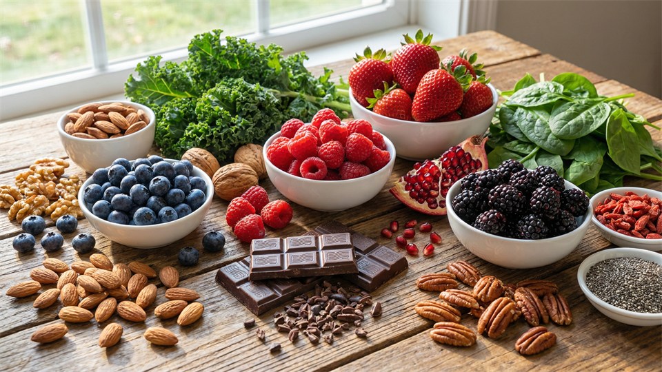 Diversas frutas, verduras y nueces coloridas llenas de antioxidantes