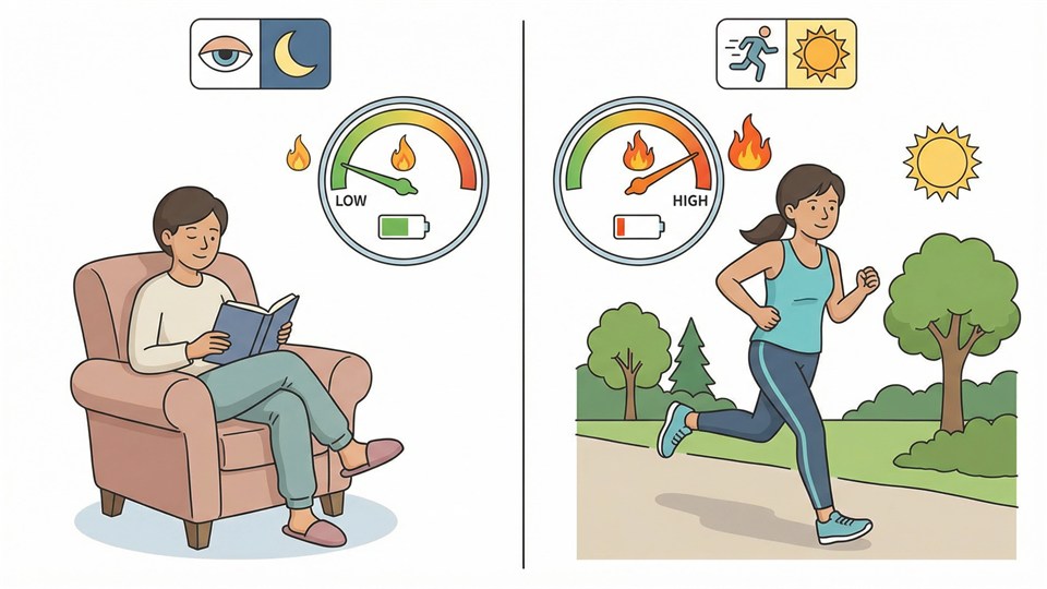 Personne au repos et personne en mouvement pour illustrer la dépense énergétique