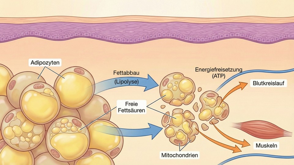 Illustration von Fettzellen und dem Verbrennungsprozess im Körper