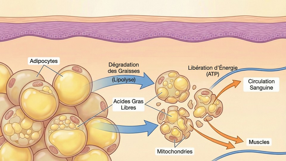 Illustration des cellules graisseuses et du processus de combustion dans le corps
