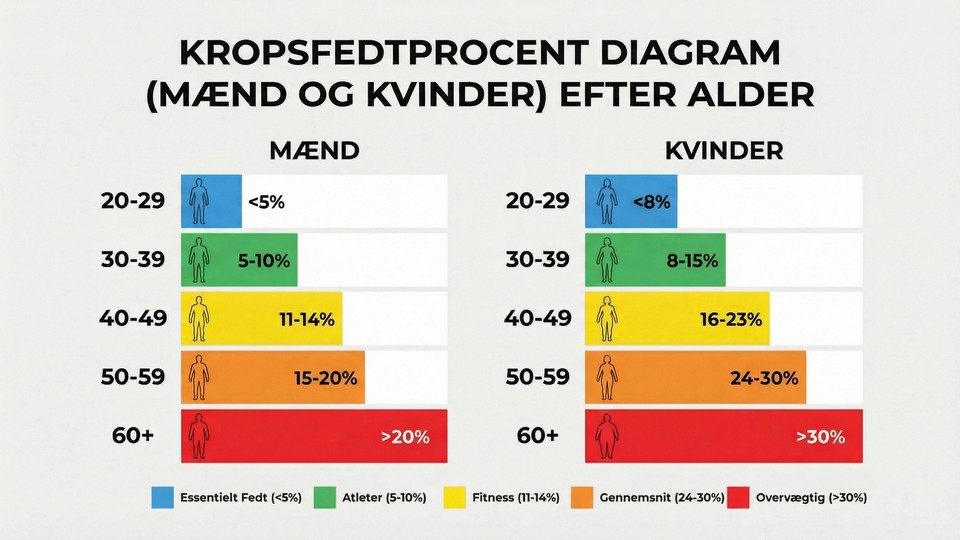 Illustration af fedtprocent i kroppen hos mænd og kvinder i forskellige aldersgrupper