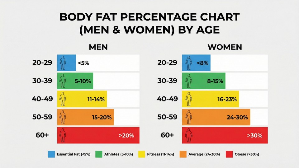 Illustration of body fat percentage in the body of men and women in different age groups
