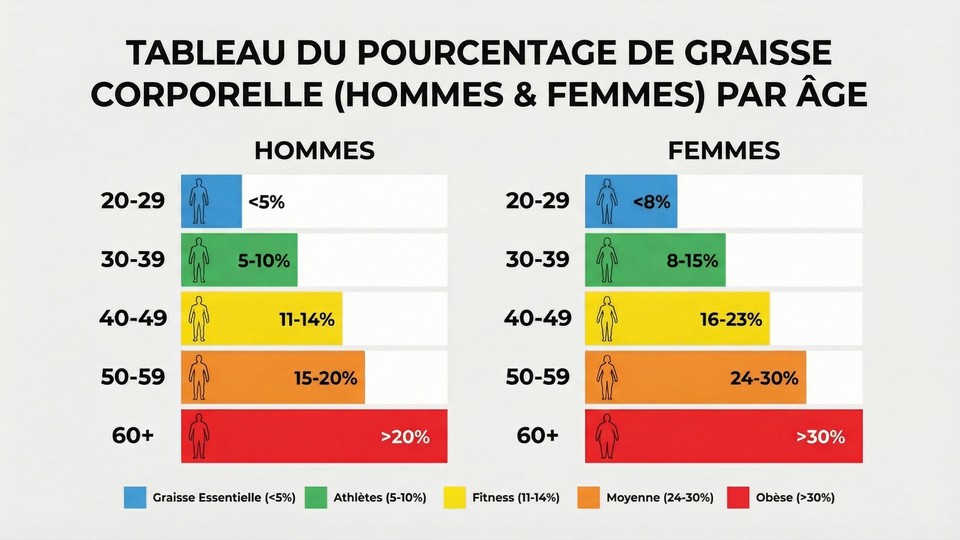 Illustration du pourcentage de graisse corporelle chez les hommes et les femmes dans différents groupes d'âge