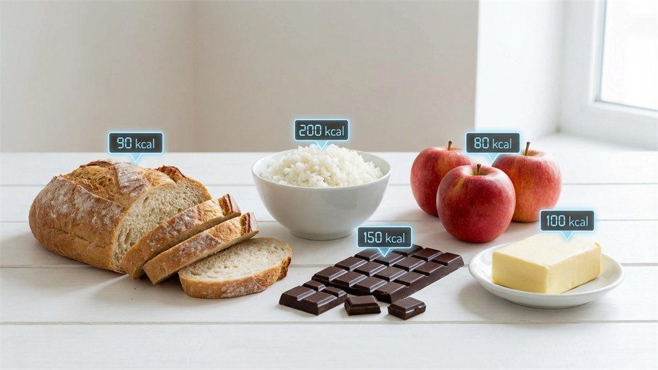 Plusieurs aliments avec la teneur en calories indiquée