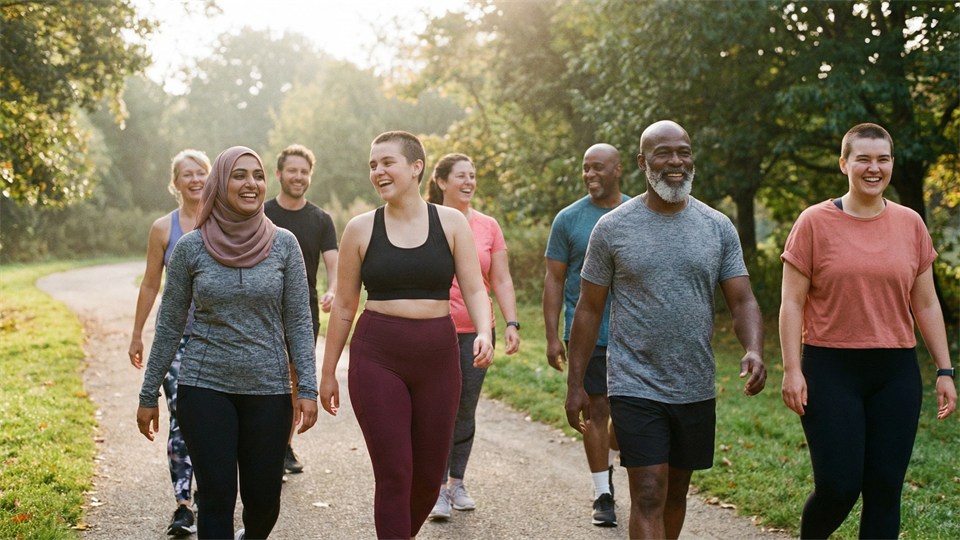 Begyndere laver let cardio på en sti i parken