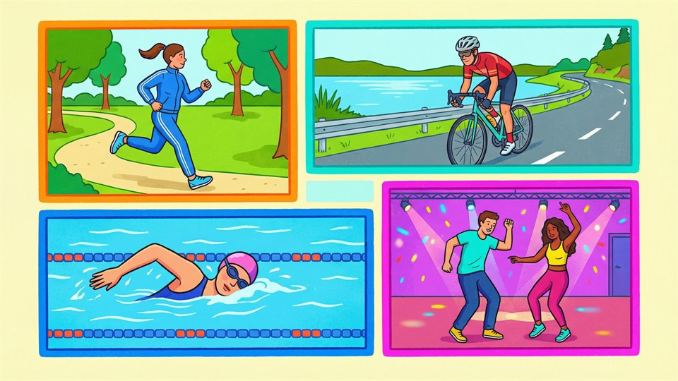 Forskellige former for cardio: løb, cykling, svømning, dans