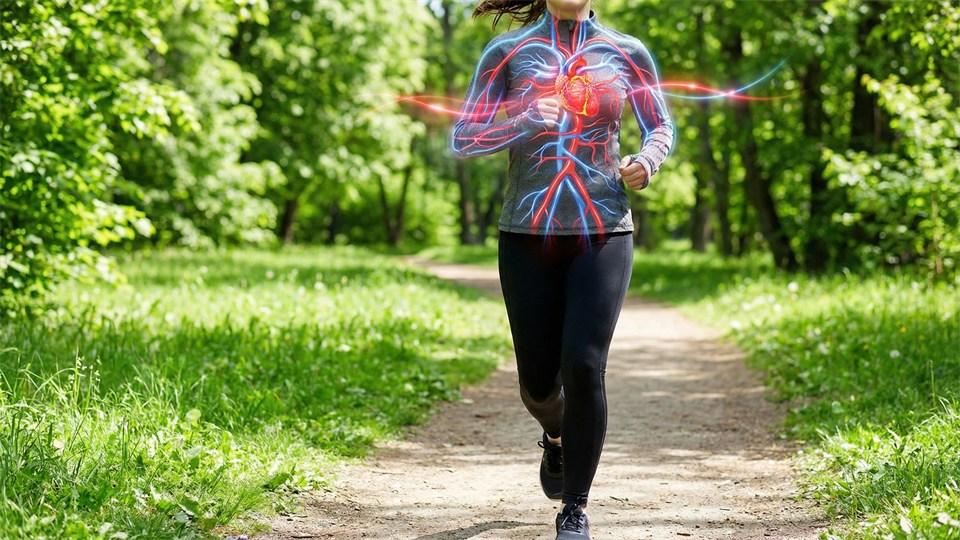 Person løber i naturen, hjertegrafik illustrerer kredsløbet