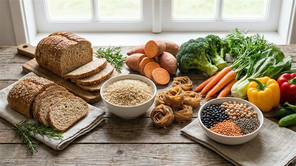 Fødevarer med komplekse kulhydrater: brød, ris, pasta, bønner, grøntsager