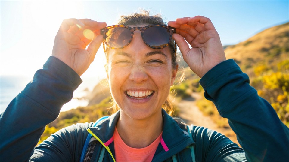 Une personne met des lunettes de soleil sous une forte lumière pour protéger ses yeux