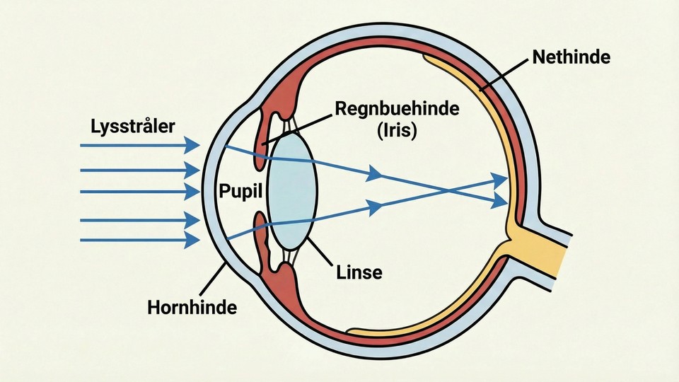 Illustration af øjets linse, der fokuserer lys på nethinden