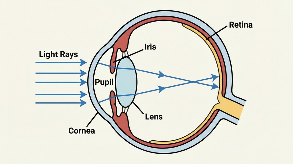 Illustration of the eye's lens focusing light on the retina
