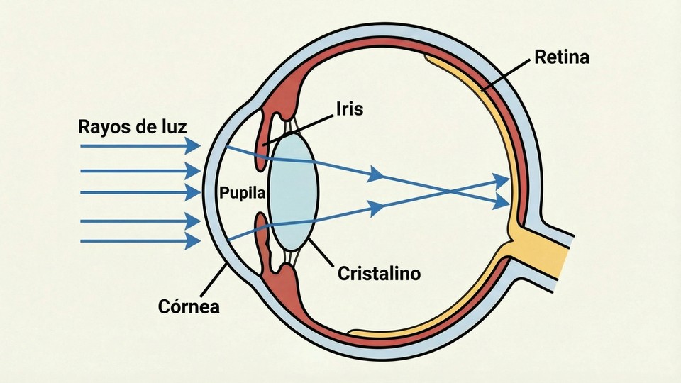Ilustración de la lente del ojo enfocando la luz en la retina