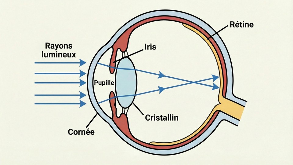 Illustration du cristallin de l'œil focalisant la lumière sur la rétine
