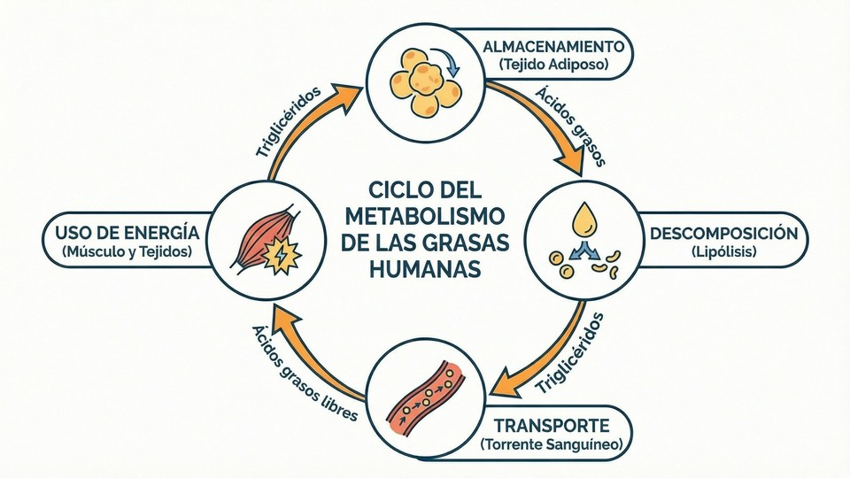 Resumen gráfico del proceso de quema de grasa en el cuerpo