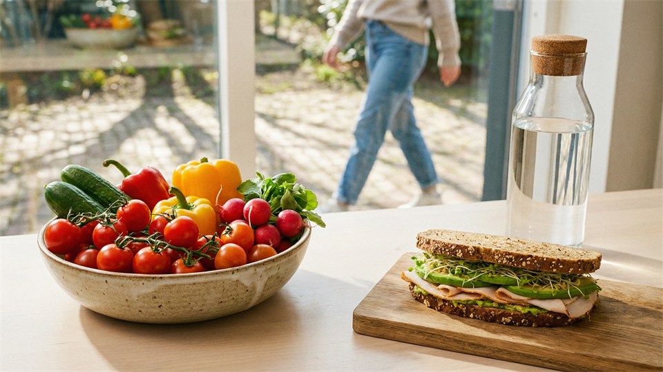 Et bord med grøntsager og fuldkornsbrød og en person, der går en tur