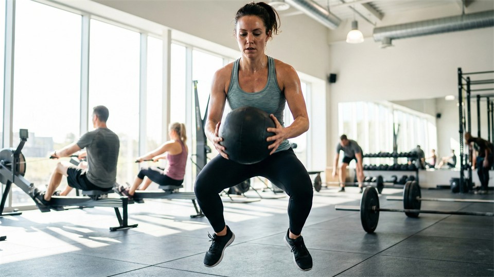 Kvinde udfører HIIT træning i et fitnesscenter