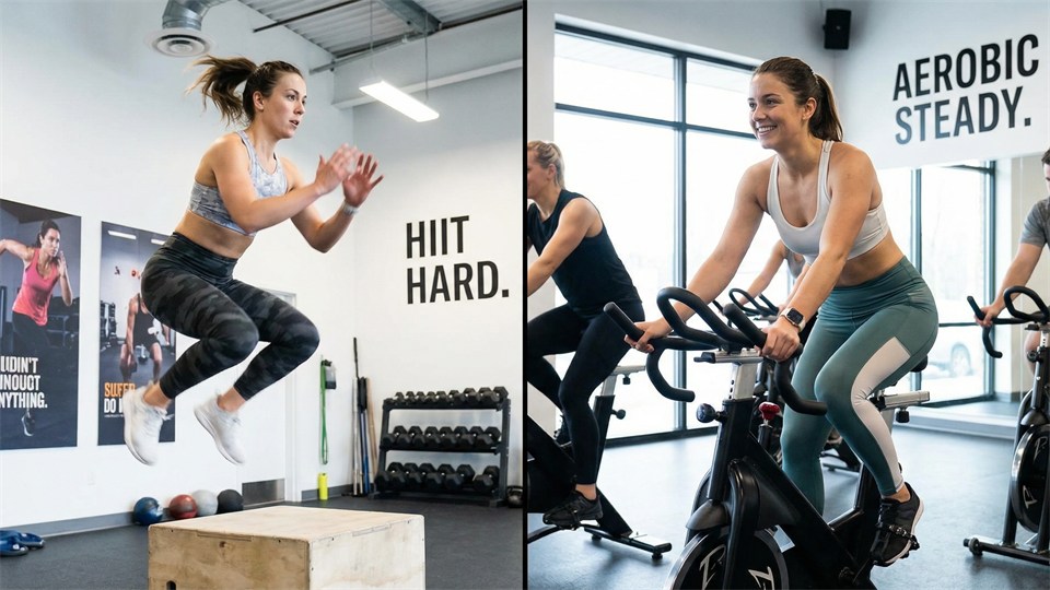 Femme pratiquant le HIIT et une autre faisant de l'aérobic