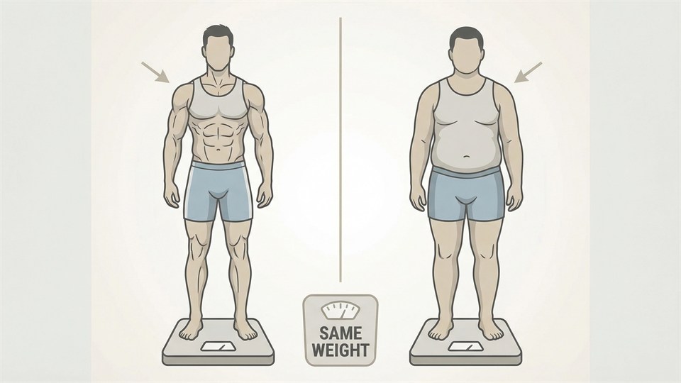 Sammenligning af muskelmasse og fedtmasse hos to personer med samme vægt