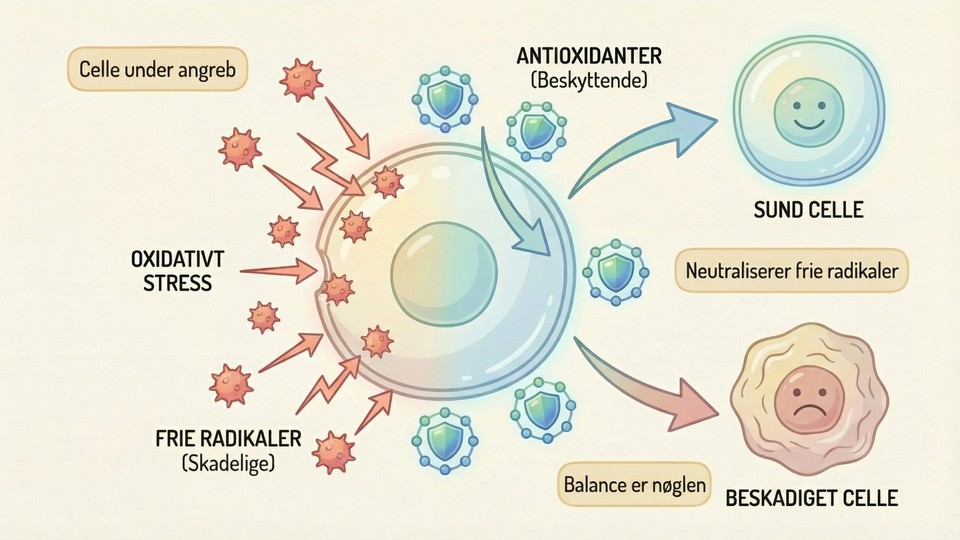 Grafisk forklaring af oxidativt stress og antioxidanters beskyttende effekt på celler