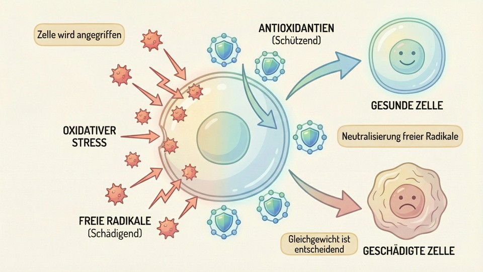 Grafische Erklärung von oxidativem Stress und der schützenden Wirkung von Antioxidantien auf Zellen