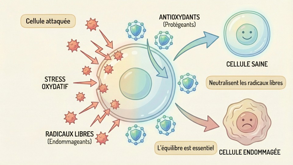 Explication graphique du stress oxydatif et de l’effet protecteur des antioxydants sur les cellules