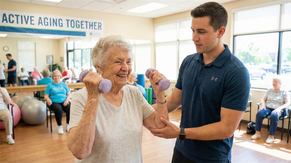 Persona mayor levantando pesas ligeras bajo supervisión