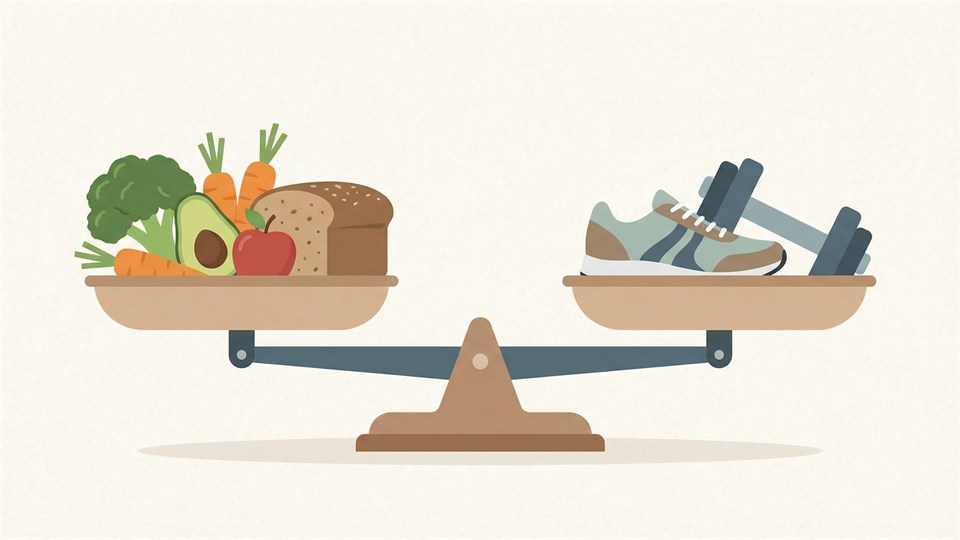 En vægt med mad på den ene side og motion på den anden for at illustrere kalorieindtag og forbrænding