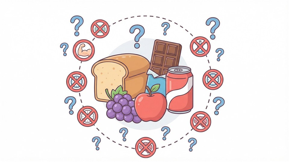 Illustration med forskellige fødevarer og forkerte påstande om vægttab