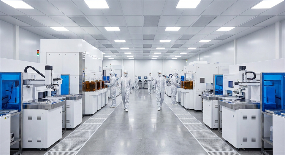 Modern semiconductor manufacturing in a cleanroom with advanced equipment