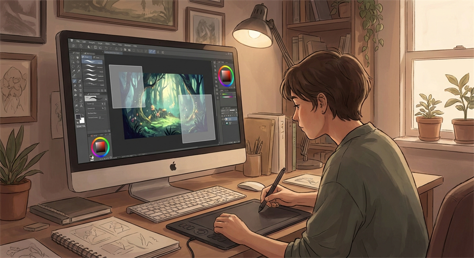 Digital editing of AI-generated illustration on screen