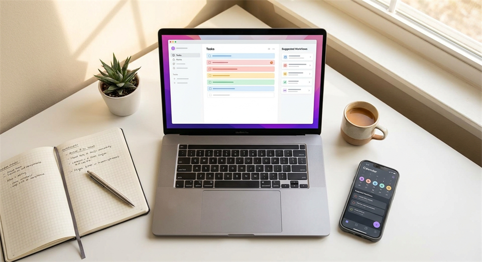 Arbejdsbord med computer, noter og AI-assisteret produktivitet