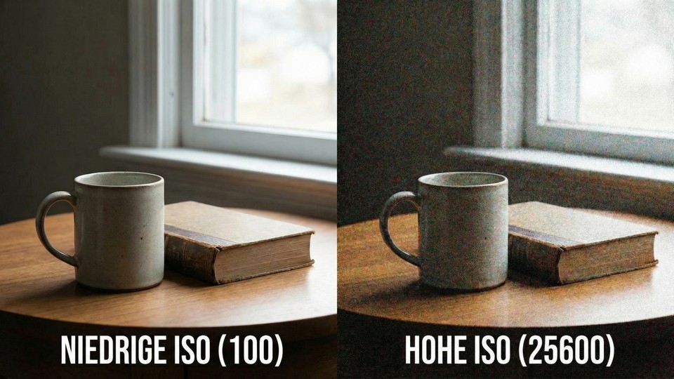 Vergleich von Bildern mit niedriger und hoher ISO, wobei hohe ISO mehr Rauschen zeigt
