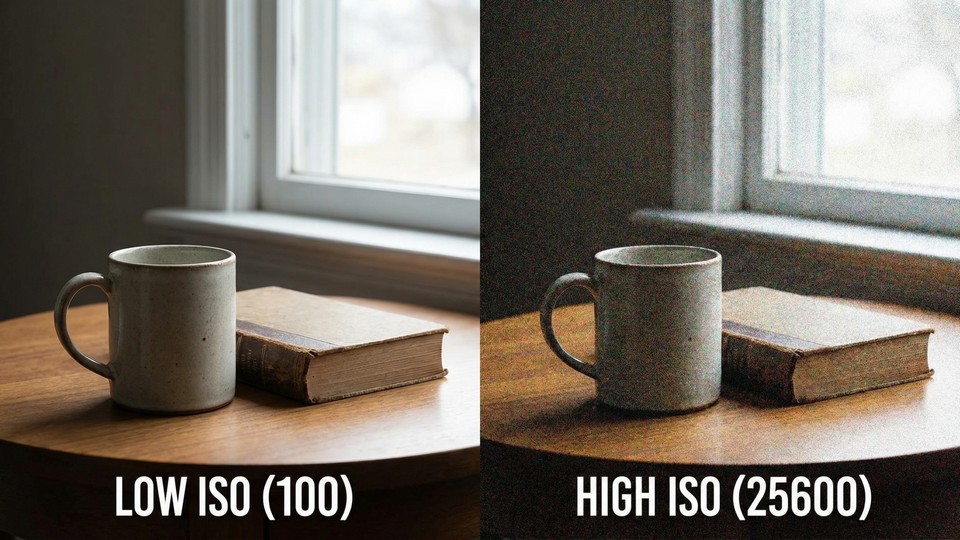 Comparison of images at low and high ISO, where high ISO shows more noise