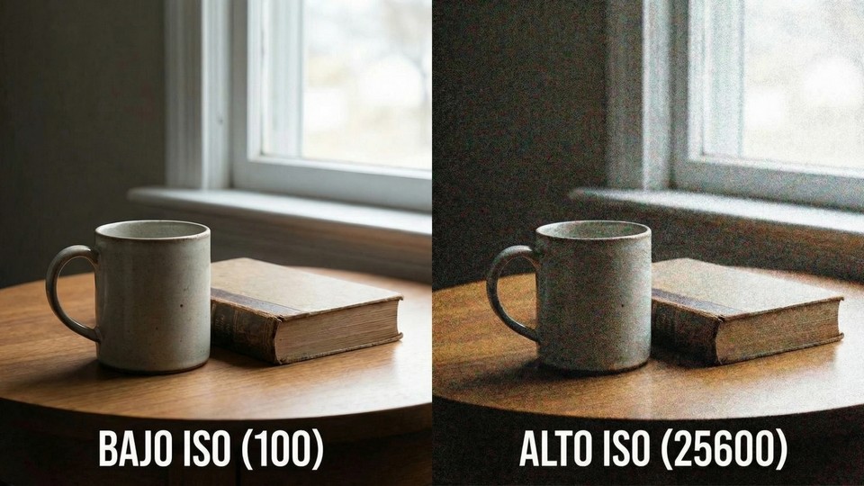 Comparación de imágenes con ISO bajo y alto, donde el ISO alto muestra más ruido