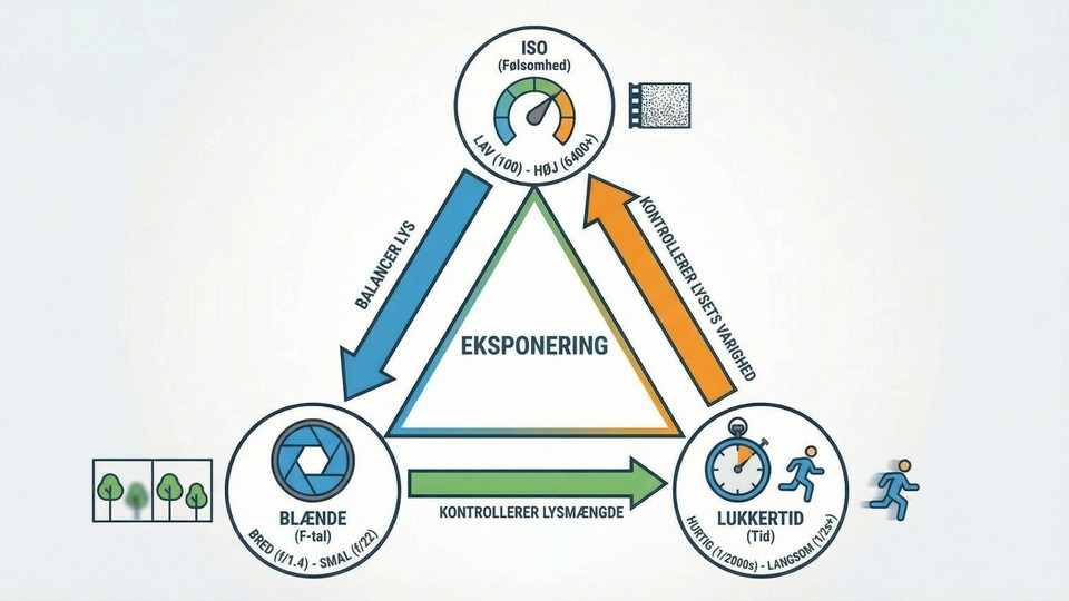 Illustration af eksponeringstrekanten med ISO, blænde og lukkertid